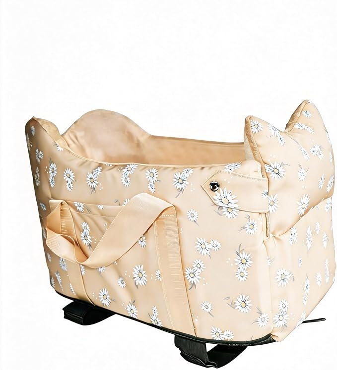 Dog Center Console Car Seat for Small Dogs 5-15 lbs, Apricot | Portable Armrest Puppy Booster with Anti-Collapse Support, Washable Fluffy Cushion and Pillow
