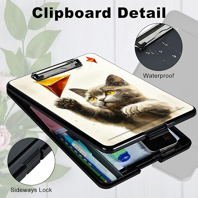 Heavy Duty Storage Clipboard, Slim Nursing Clipboard with Internal Pen Case, Portable File Organizer Case for A4 Letter Size Paper Office Medical Professionals, Gray Cat Painting