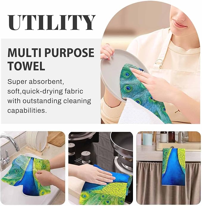 Colorful Peacock Tail Feathers Kitchen Towels Watercolor Beautiful Peacock Soft and Super Absorbent Dish Towels 2 Pack 16 X 24 Inches