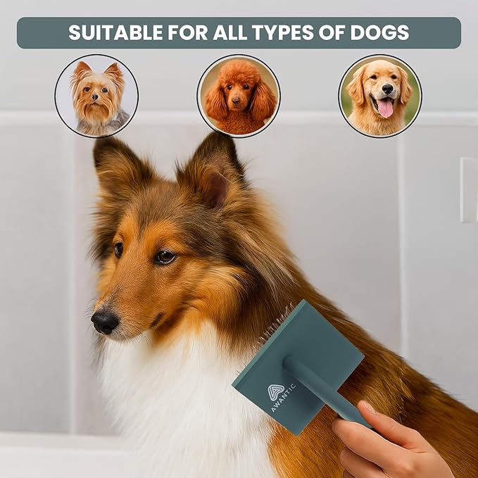 Self- Cleaning Slicker Brush for Dogs Suitable for Short & Long Haired Dogs and Effective Deshedding for Pet Grooming, Undercoat Removal, Tangle-Free Fur (Green Brush + Comb)