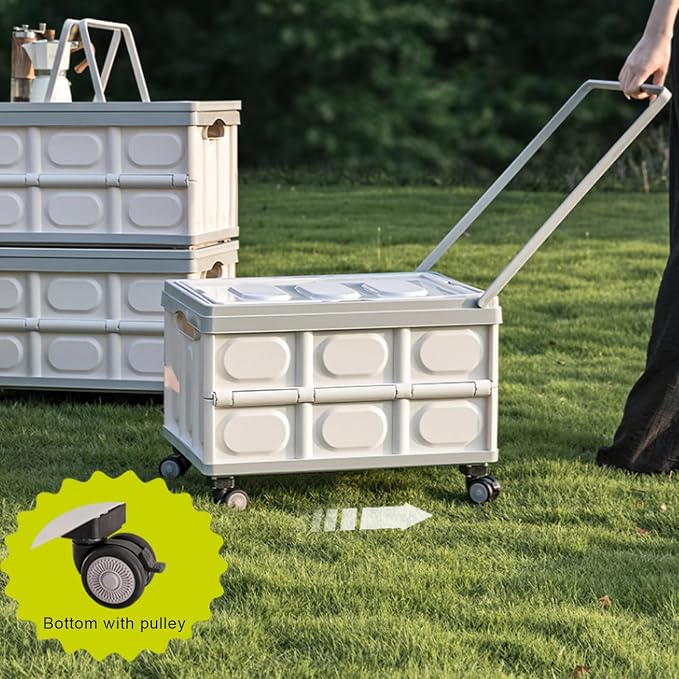 50L Rolling Crate with Wheels, Foldable Storage Crate with Detachable Wheels, Large Capacity Rolling Crate with Handle Space-Saving Utility Cart for Indoor Outdoor Use Grey
