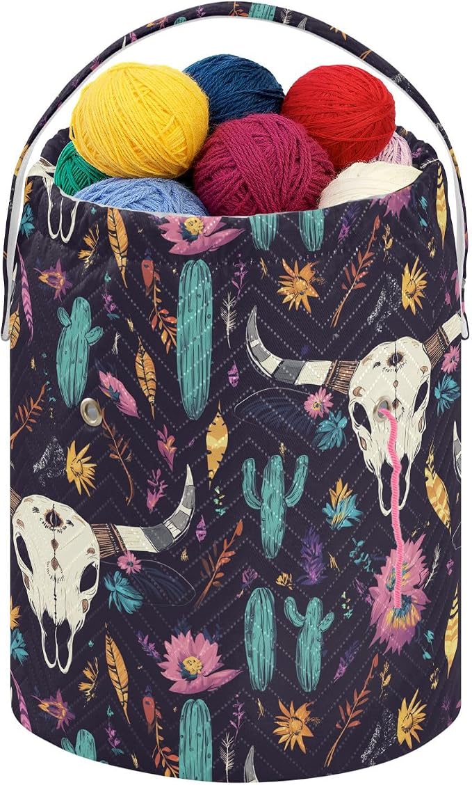 Fustylead Tribal Skull Cactus Western Skeleton Bull Crochet Drawstring Organizer, Large Yarn Bag Storage Tote Basket for Crocheting On The Go, Kit Holder, Gift for Knitter, Crochet Beginner