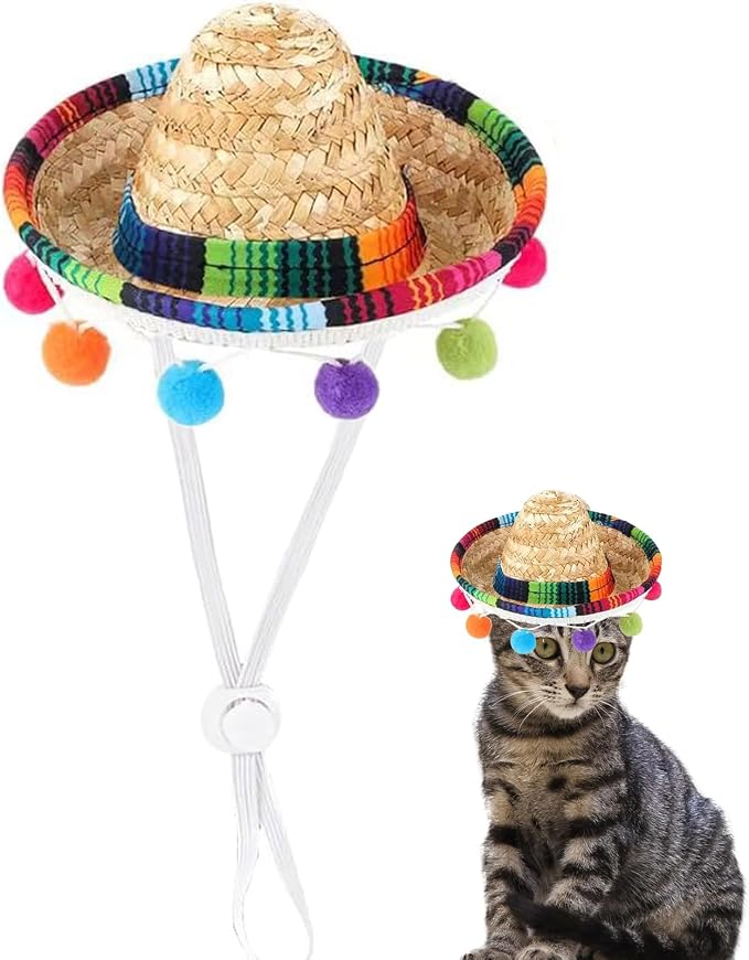 Pet Mexican Hat, Colorful Bobble Ball Tassel, Adjustable Design, Comfortable and Fashionable Dress for Small and Medium-Sized Pets. (Colorful)