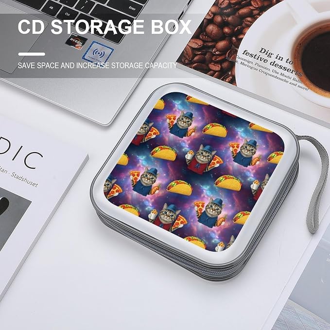 40-Disc CD/DVD Protective Case Funny Cute Galaxy Cat Taco Pizza, Hard Plastic Binder with Zipper, Portable Storage Organizer for Travel Office