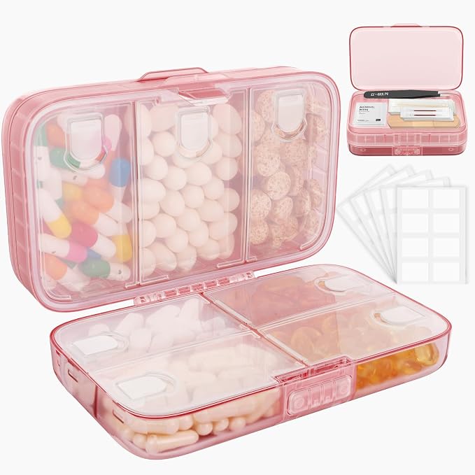 FYY Travel Pill Organizer, Large Weekly Medicine Pill Organizer-Pink | Airtight Moistureproof Medicine Case, Easy to Use, 8 Compartment Pill Box for Vitamins, Fish Oil, Supplements, Mini First Aid