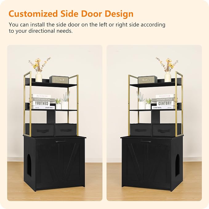 Dwanton Cat Litter Box Enclosure, 2 Storage Shelves and 2 Drawers, 50" H | 2-in-1 Hidden Cat Litter Box Enclosure Furniture with Shelf, Metal Frame, Reversible Entrance, Washable Drawers, Black+Gold