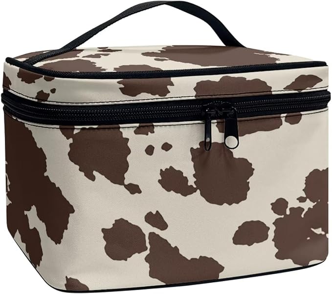 Brown Cow Print Makeup Bag for Women Lightweight Travel Makeup Bag With Handle Womens Cosmetic Makeup Organizer Vanity Case for Holiday Trip