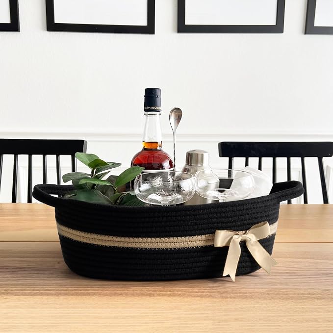 CHICVITA Small Woven Rope Gift Basket, Decorative Boo Basket, Black Brown | 13" x 10" x 5" Storage Baskets for Diapers, Toys & Towels, Fits Nursery, Bedroom & Home Decor, Built-In Handles, Bow Design