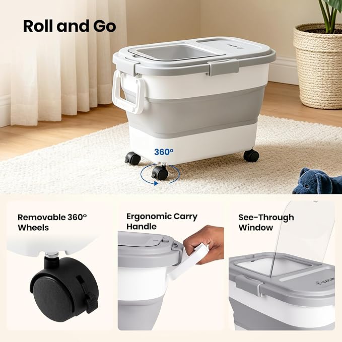 Dog Food Storage Container 15-25lbs, Airtight Pet Food Bin with Locking Lid & Clear Window, Collapsible Rolling Storage Container with Wheels & Scoop, Gray