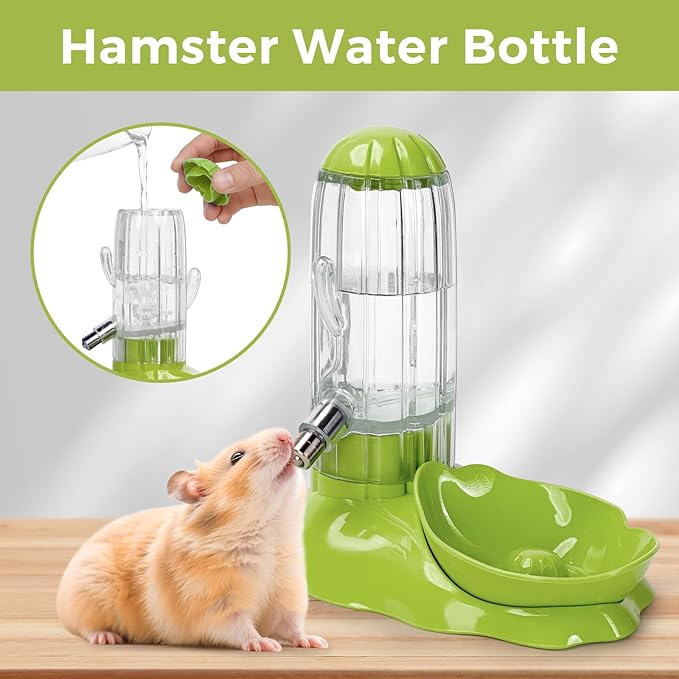 VANNON 2 in 1 Hamster Feeder Small Animal Water Bottle & Food Bowl Water Dispenser & Food Dish Bowl for Hamster, Small Mice, Rat, Gerbil, 4.6oz/130ml, BPA Free, Green