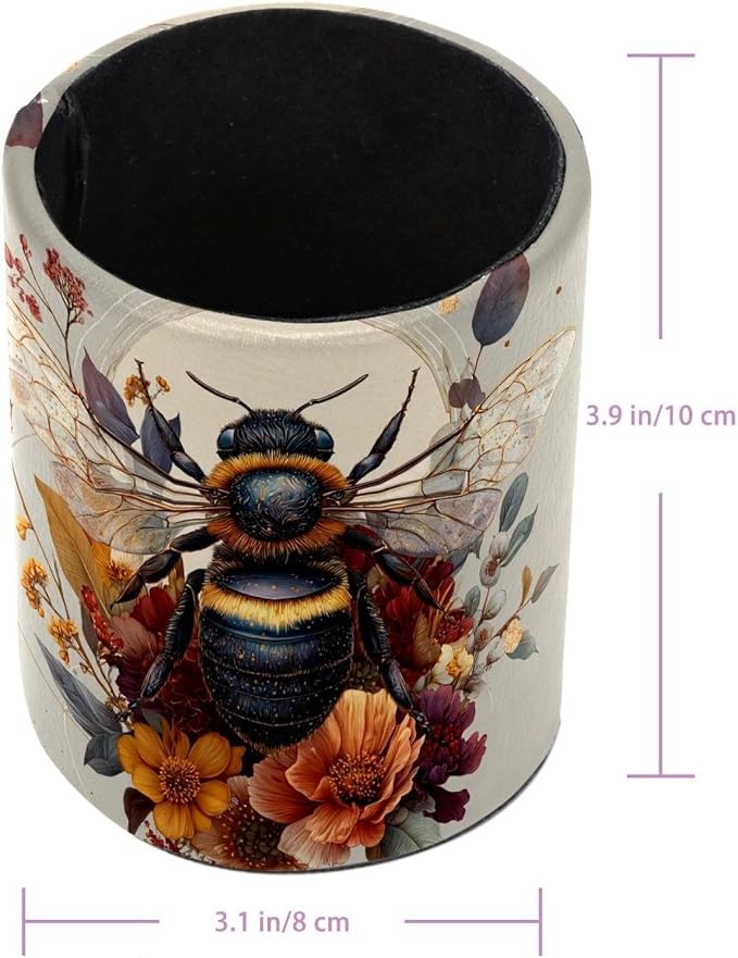 Faux Leather Pen Holder for Desk, Pencil Organizer Cute Bee Pen Cup Desk Decor Makeup Brush Holder Storage for Office Home
