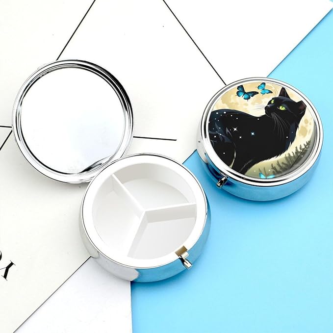 Black Cat and Butterfly Metal Round Pill Box, 3 Compartment Travel Organizer, Portable Pill Container with Secure Latch, 2 Inch Circular Vitamin Caddy for Pills and Vitamins, Gift for Him Her Elderly