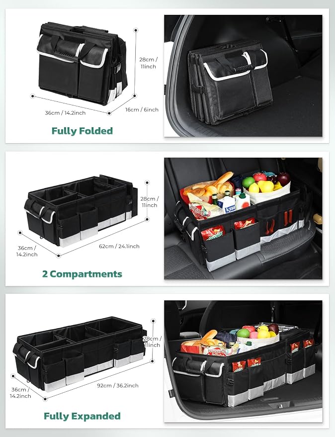 Oasser Trunk Organizer 95L with 20L Removable Cooler Bag for SUV | 4 Compartments, 9 Side Pockets, Foldable Lid, No Deformation, 1680D, Non Slip Bottom, 2 Adjustable Straps, Reflective Strip