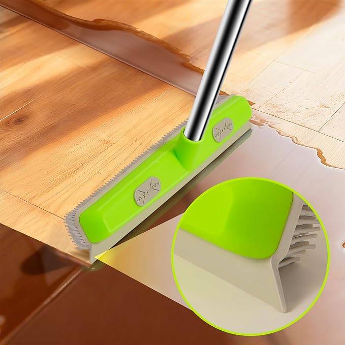 Pet Hair Removal Rubber Broom, Carpet rake with Squeegee for Cleaning Pet Hair, 52 inch Long Handle Rubber Broom,Dual-Sided for Fluff Carpet, Hardwood Floor, Tile,Green