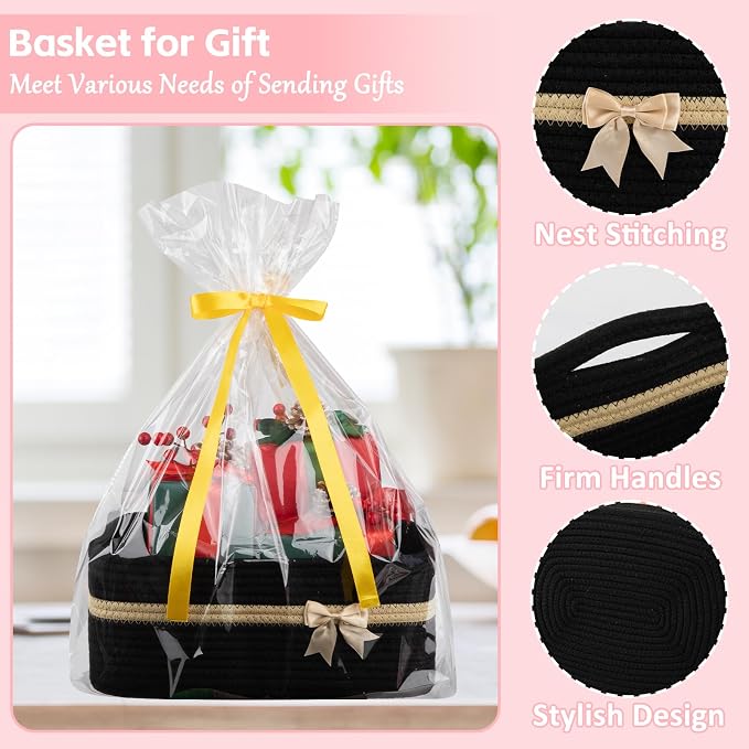 OIAHOMY Large Woven Storage Basket with Handles for Nursery Living Room Shelves, Bow Basket for Gifts Empty with Gift Bags and Ribbons for Baby Showers Pet Toy Bin - Black