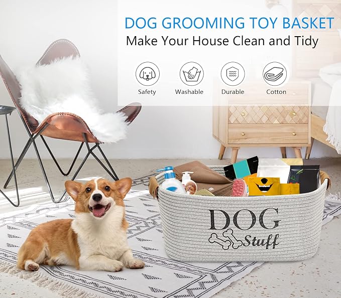 Morezi Durable Cotton Rope Dog Toy Storage, Large Dog Bin, Pet Bed, Puppy Toy Box - Perfect for Organizing Pet Toys, Blankets, Leashes, Clothing and Any Doggie Stuff - Gray