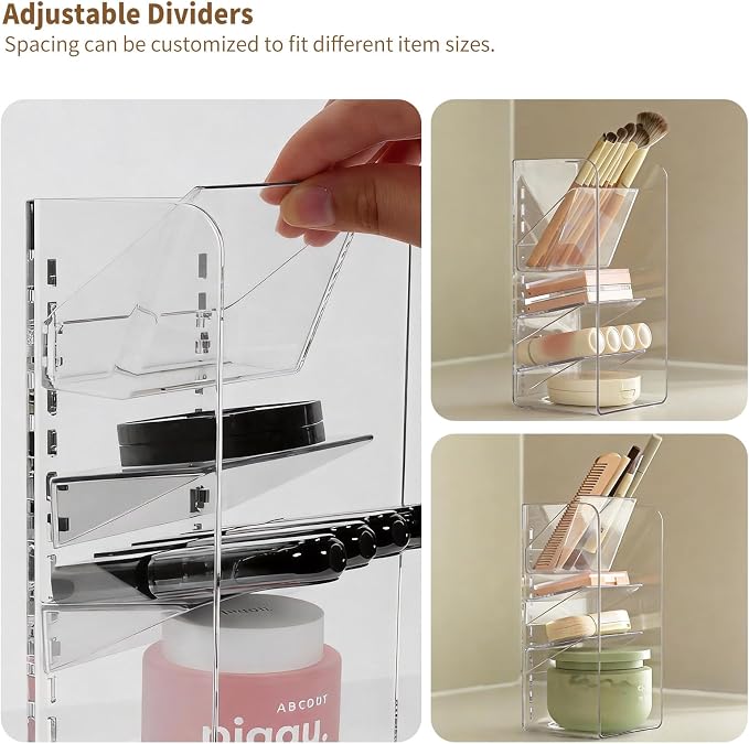 PAVSTINE Medicine Cabinet Organizer with Adjustable Dividers, Clear Vertical Layered Backward Slanting Shelves for Makeup Brush/Lip Gloss/Mascara Storage (3-Tier Slant-Gentle Slant)