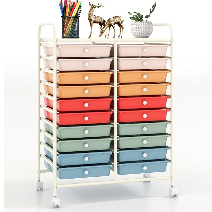 20 Drawer Rolling Storage Cart, Art Cart Organizer with Wheels for Makeup, Tool, Paper, Multipurpose Craft Storage Cart with Drawers for Office, Home, Classroom, School (Macaron Color)