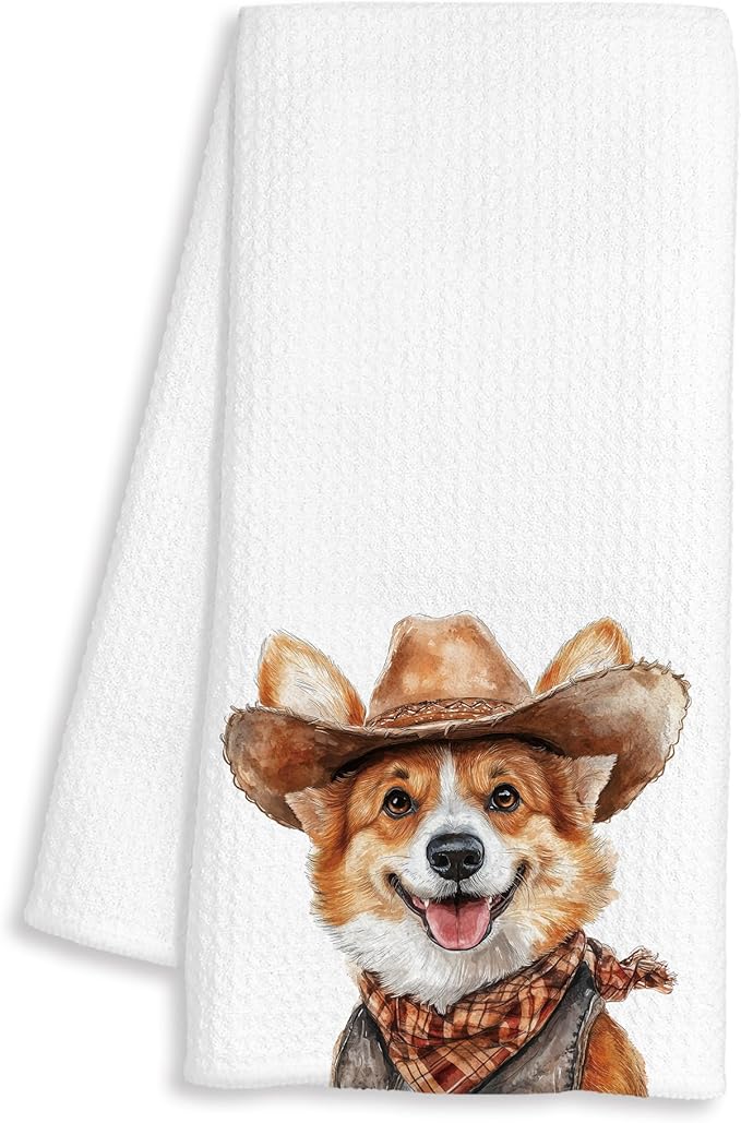 Western Corgi Dog Gifts Kitchen Towels Decorative - Gifts for Corgi Lovers Dish Tea Towels for Kitchen Drying, Cowboy Hat Dog Hand Towels for Bathroom Decor, 16x24 Inch
