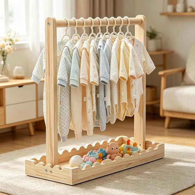 Wooden Baby Clothing Rack for Toddler, Baby Shower Crate Closet, Baby Storage Crate with Hangers, Pets Clothes Rack with Storage Box & Hanging Rod for Dogs Cats, Newborn Gifts Basket (Garden)