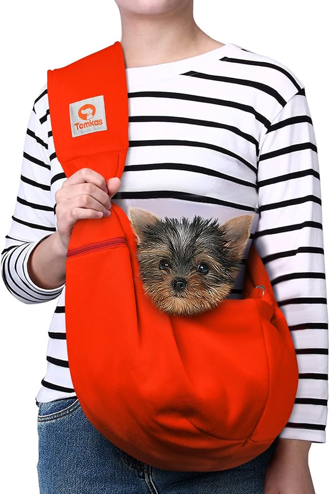 Tomkas Small Dog Cat Sling Carrier Puppy Purse Travel Wrap Soft Crossbody Pet Bag (Red, M - Zip Pocket & Adjust Strap)