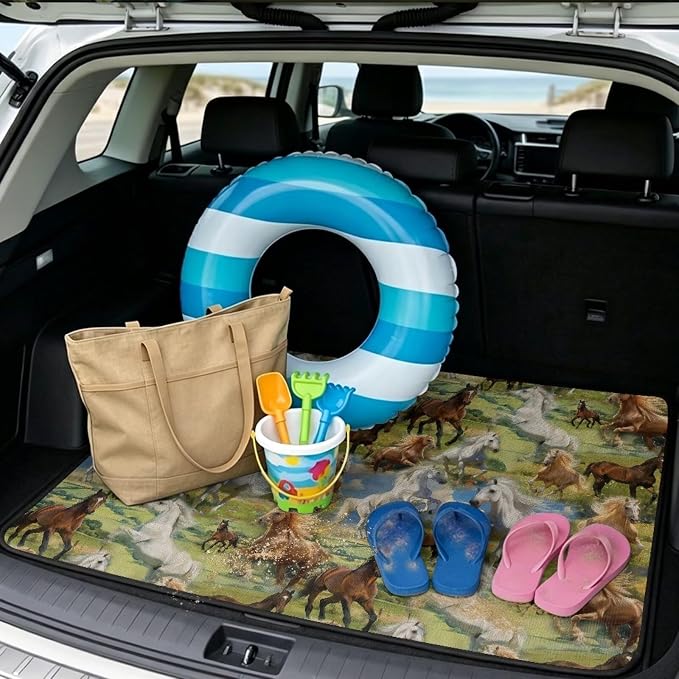 Southwestern Tribal Horse Car Trunk Mat All-Weather Polyester Material Cargo Mat Rear Trunk Liner 29" x 39", Non Slip, Dustproof, Easy Clean Install