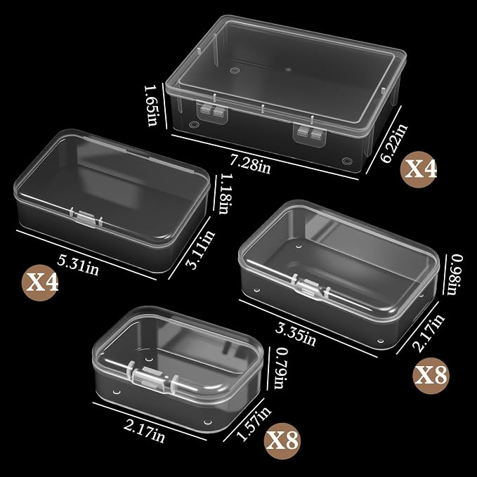 SATINIOR 24 Pcs Small Clear Plastic Container Box, Multiple Sizes | Small Beads Storage Containers with Hinged Lid, Clear Stackable Organizer Boxes for Jewelry, Hardware Craft Small Items