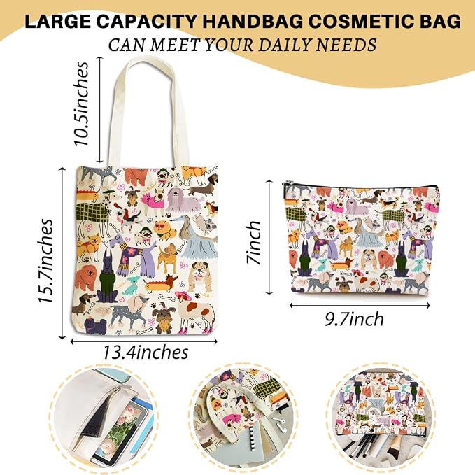 Aesthetic Dog Gifts Dog Mom Gifts for Women, Dogs Lover Pet Owner Girls Sister Makeup Bag Canvas Tote Bag, Reusable Grocery Bags with Inner Pocket for Shopping Birthday Christmas Friendship Wedding
