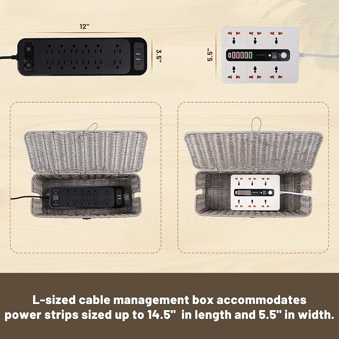 Cable Management Box, Cord Organizer with Lid & Cable Ties - Gray Large | Handmade Open Slots Cord Hider Outlet Covers for Power Strip TV PC Router Charger Under Desk Storage