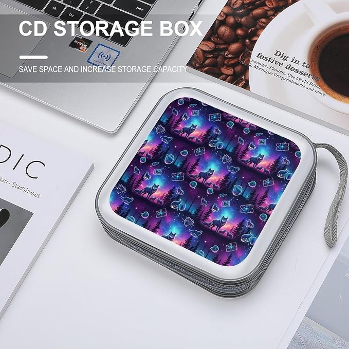 Protective 40-Capacity CD Organizer Winter Wolves Animal, Hard Case Storage Binder with Zipper, Portable Wallet for Car Home Office