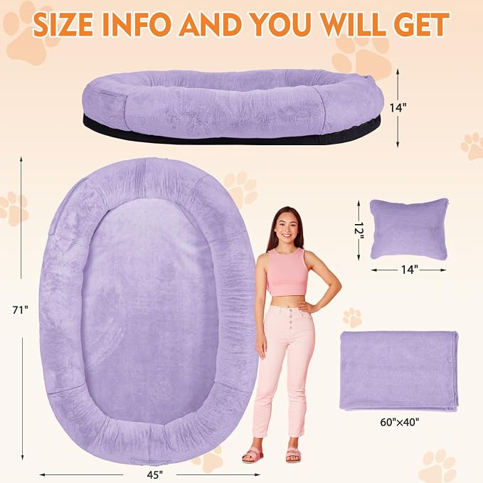Human Dog Bed,71"x45"x14" Human Size Giant Dog Bed for Adults and Pets,Washable Faux Fur Cover Napping Orthopedic Bean Bag Bed for Humans with Blanket and Pillow,Purple