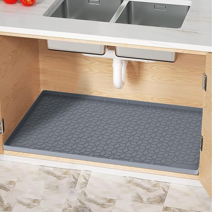 Under Sink Mat, 19"x22" Under Sink Mats for Kitchen, Silicone Waterproof Under Sink Liner, Sink Cabinet Organizer Tray with Drain Hole (Gray, 19X22)