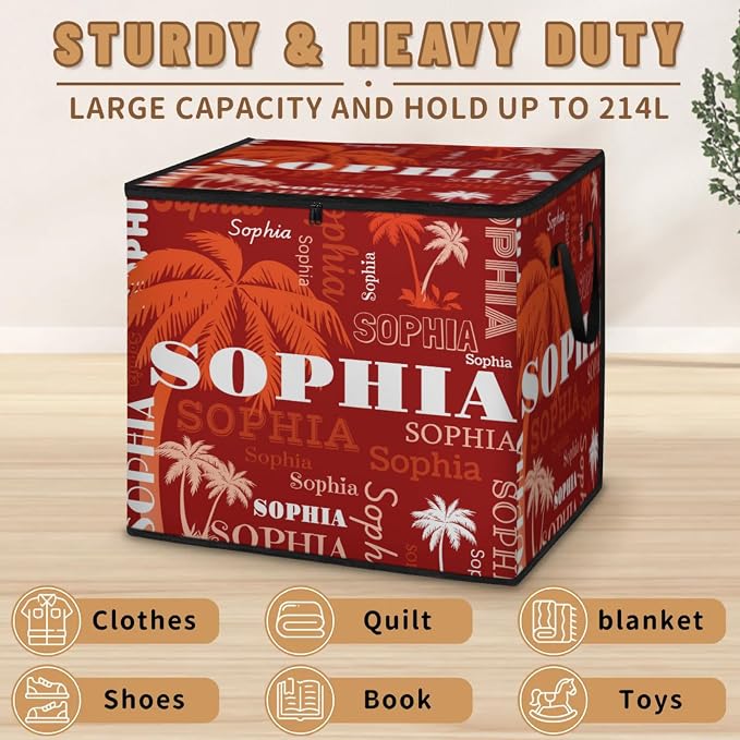 Personalized Large Storage Basket with Lid, Comforters, Bedding Storage Bin with Handles for Home, Collapsible Basket for Clothes, Moving, Car Trunk, Orange White Palm Trees Red Background