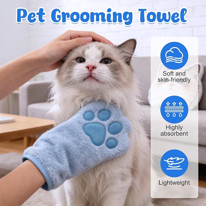 Paw Bathing Towel for Cats Puppy, Reusable Absorbent Quick-Dry Pet Grooming Towel, Soft Bath Mitt for Dirt Odor Removal, Daily Care and Travel, for Dogs & Cats (Blue+Grey)