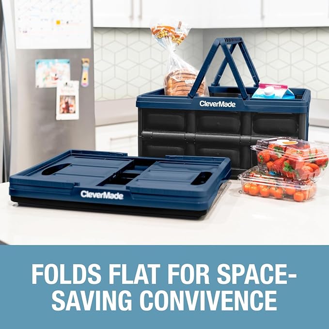 CleverMade Collapsible Shopping Basket, 32L Storage Crate, 1 Pack, Ocean | Carry Bigger Grocery Hauls with Confidence | Rigid Walls Hold 35 lb, While Top and Side Handles Balance the Load