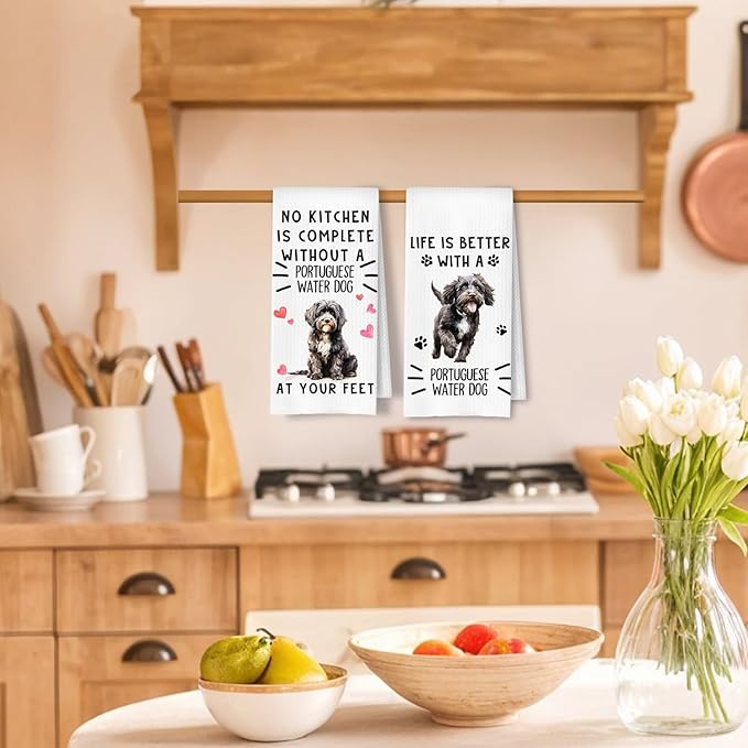 Portuguese Dog Kitchen Towels, Portuguese Water Dog Gifts Dish Tea Towels for Kitchen Decor, Dogs Lover Gifts Decorative Hand Towel, 16x24 Inches Set of 2