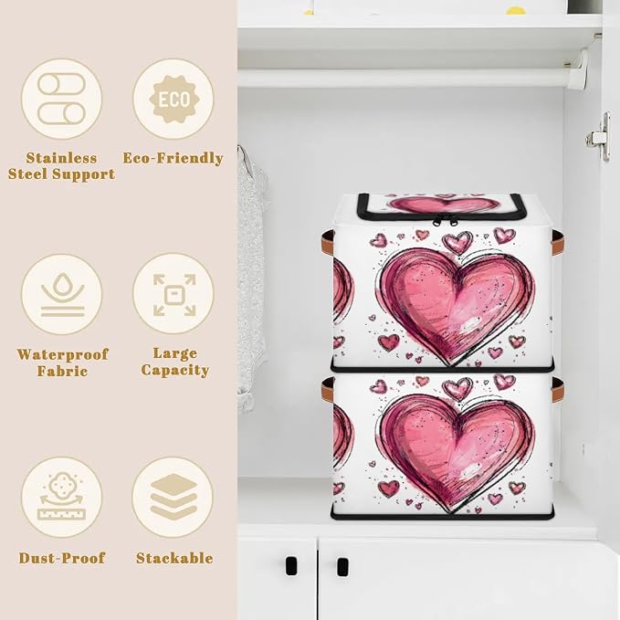Pink Heart Storage Bins With Zipper Lid, Collapsible Trunk Organizer, Car Organizers and Storage Bins with Lids, Valentine‘s Day Decorative Storage Boxes with Handle, Home Storage Baskets