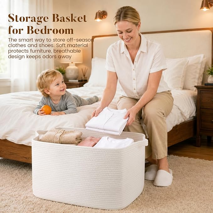 65L Large Woven Blanket Basket for Living Room, 19.7"x15.7"x11.8" | Nursery Laundry Hamper with Handle for Organizing Blankets, Pillows, Toy Storage With Handle, Large Baskets for Organizing