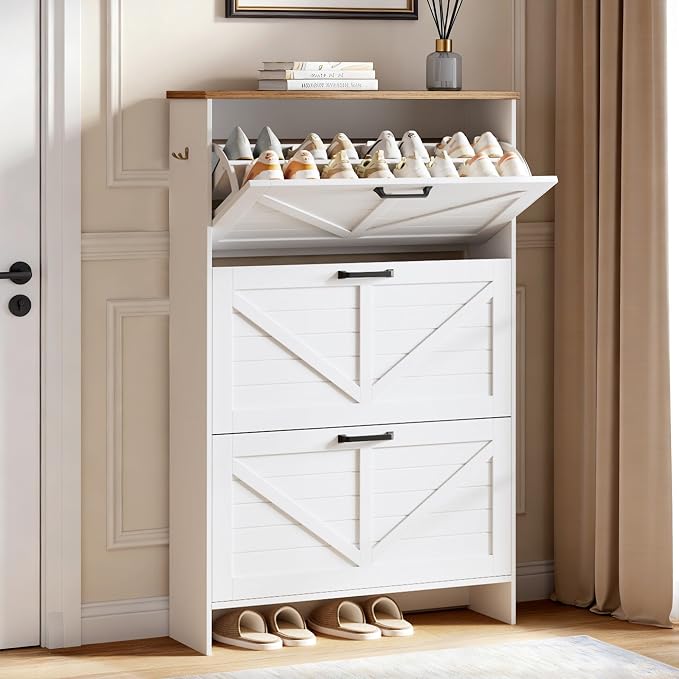 Shoe Cabinet for Entryway, 3 Flip Drawers Shoe Storage Cabinet with 3-Tier Adjustable Shelves, Ultra Slim 9.1" Depth Holds Up to 30 Pairs, Freestanding Hidden Shoe Organizer with Barn Door Design