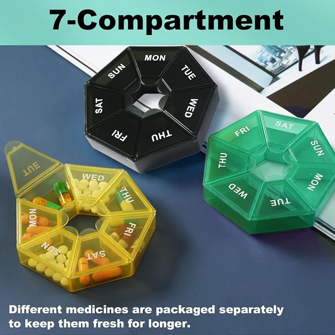 4X Travel Pill Organizer, Small Weekly Portable Pill Box Dispenser | 7 Compartments Weekly Medicine Vitamin Supplement Holder Reminder, Arthritis-Friendly (Black, Yellow, Green, Transparent)