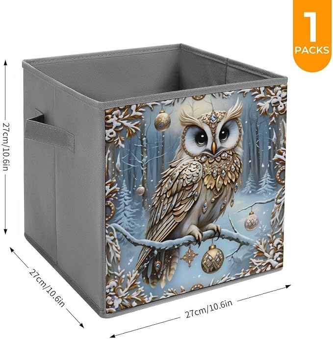 Christmas Owl Foldable Storage Bins, 10.6" Cube Storage Organizer, Sturdy Oxford Cloth Fabric Baskets for Closet, Shelf, Nursery, Bedroom, Decorative Printed Box for Toys & Clothes