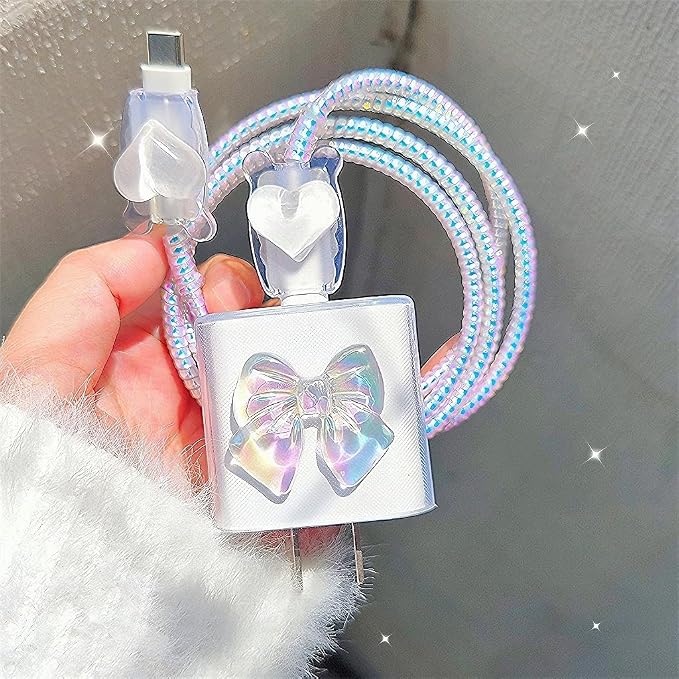 Cute Charging Cord Protector for iPhone Charger Adapter,Sparkle Bowknot Plating with 3D White Love Heart Design,DIY Soft Cable Protector Data Cable Saver for Women Girls iPad 18W/20W Charger Cover