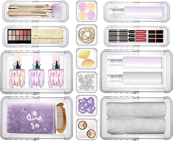 14 Pcs Adjustable Drawer Organizer, Clear Drawer Organizer Expendable | 3-Size Desk Drawer Organizer, Acrylic Storage Bins for Makeup, Cosmetic, Kitchen Utensils, Bedroom Dressers, Tool Organizer
