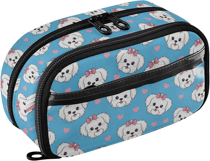 Cute Pets Dog Blue print Large Capacity Pencil Case with Zipper Water Resistant Portable Organizer Pen Bag for Office Students School