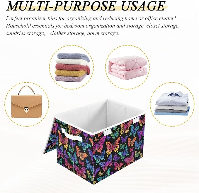 Colorful Butterfly Storage Bins with Lids Closet Bedroom 40L Fabric Bin | Decorative Storage Boxes, Foldable & Stackable, Dust-Proof Flip Top, Reinforced Handles, For Home & Dorm, Clothes & Toy Box