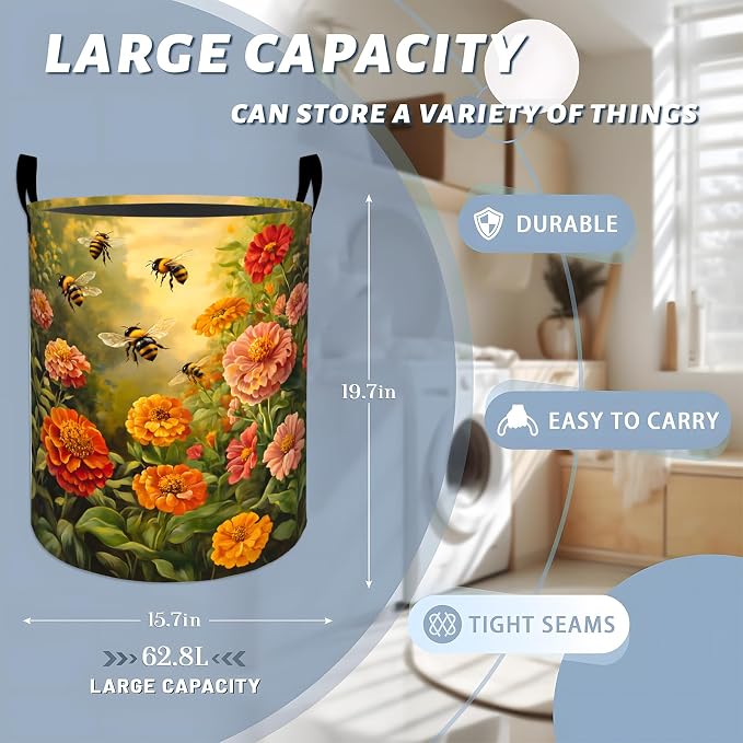 Bee Flower Laundry Basket, Garden Floral Insect Daisy Storage Hamper, Round Collapsible Waterproof Cloth Bin, 19.7x15.7 Inch Spring Clothes Organizer Gifts for Bathroom Decor