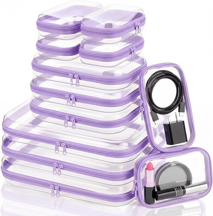 12 Pack Clear Hard Shell Zipper Case with 40 Labels, X-Large/Medium/Small Stackable Clear Pouches, Crush-resistant Travel Toiletry Bag Organizer for Makeup Board Games Electronics (Purple)