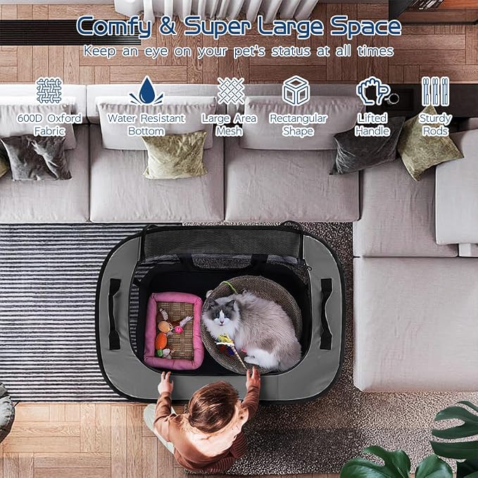 ROMANTIC BEAR Dog Playpen,Foldable Pet Puppy Cat Playpen,M(32"x24"x22") | Dog Crate with Upgrade Breathable Mesh and Durable 600D Oxford Cloth,Sturdy Dog Cage Indoor & Outdoor for Small Animals,Grey