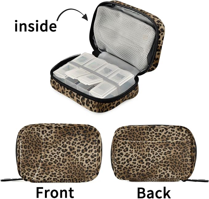 Leopard Print Pill Case, Portable Weekly Pill Box Bag Container 7 Days Pill Organizer Vitamin Supplement Holder with Zipper for Travel Family Business Gym