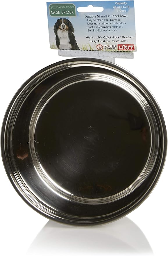 Lixit® Stainless Steel Kennel Food or Water Bowl - Non Spill Hanging Removable Crate Bowls - Carrier Cage Dish for Dogs or Cats for Feeding and Drinking (Stainless Steel, 40 Ounce)